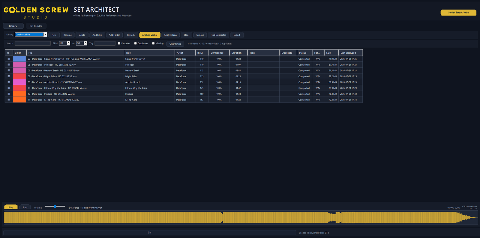 Golden Screw Set Architect DJ music library and BPM analysis software